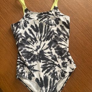 Girls Justice size 18, black, white, yellow one piece bathing suit- like new!